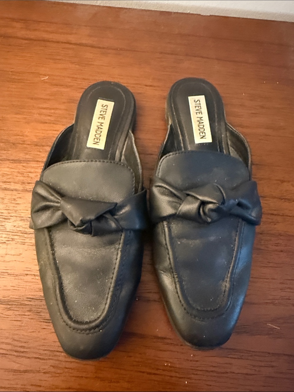 Steve Madden Black Leather Knot-Front Slip-On Mules